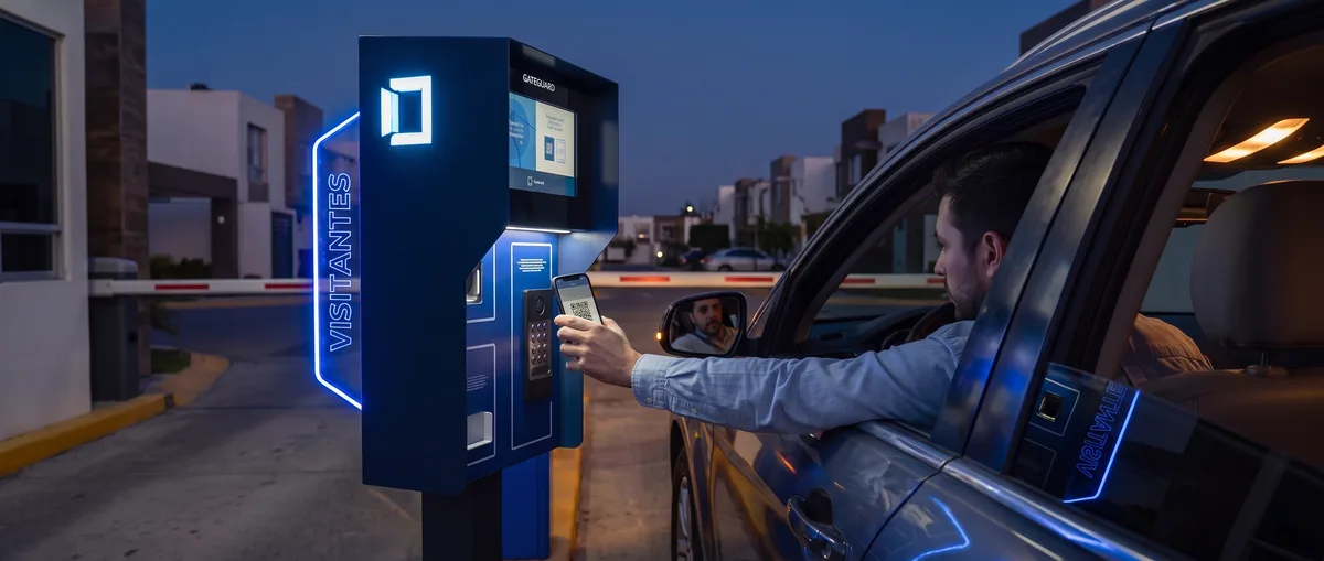 Lector qr Gateguard en un acceso vehicular
