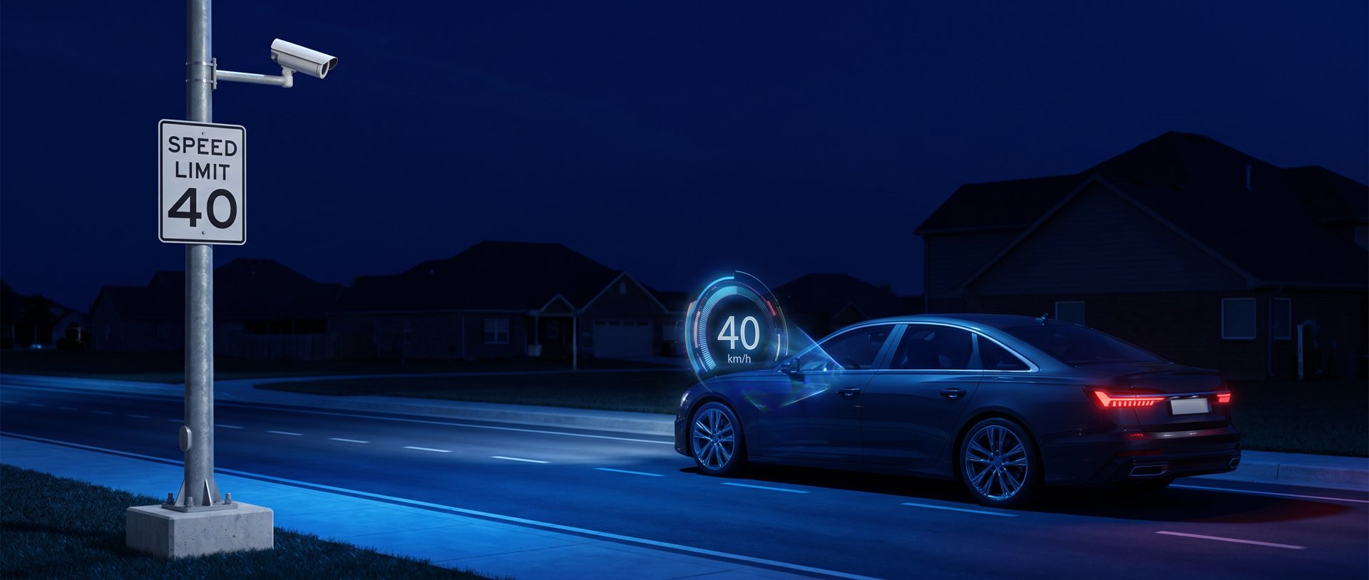 Cámara con radar detectando la velocidad de un vehículo en un fraccionamiento — Gateguard
