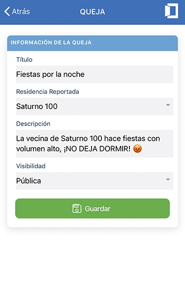Pantalla queja APP